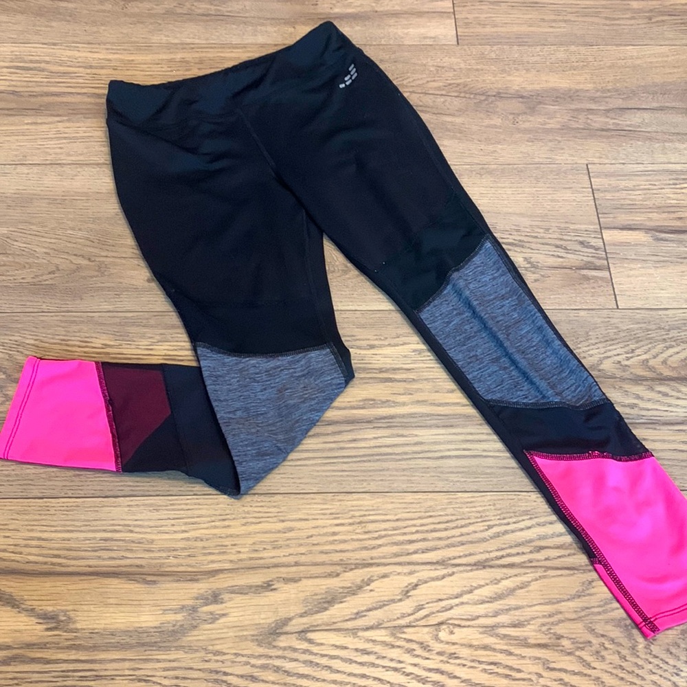 Girls medium black, grey, and neon pink sports leggings